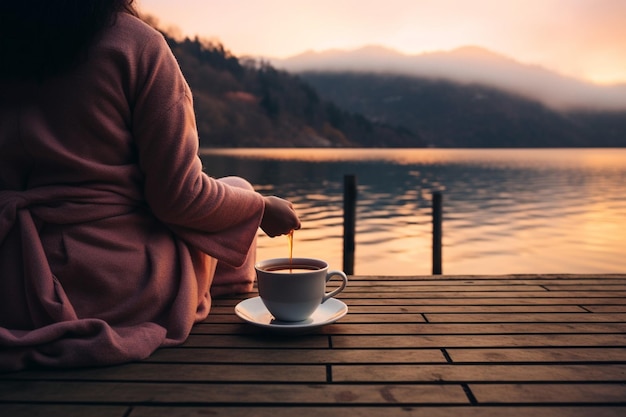 Foto una persona sosteniendo una taza de té mientras está sentada en un banco junto a un arroyo