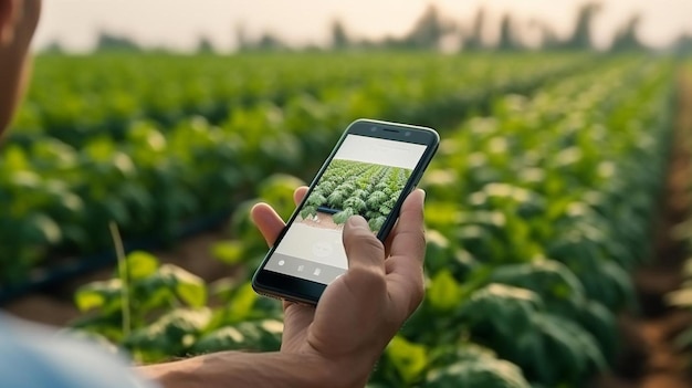 una persona sosteniendo un teléfono celular en un campo