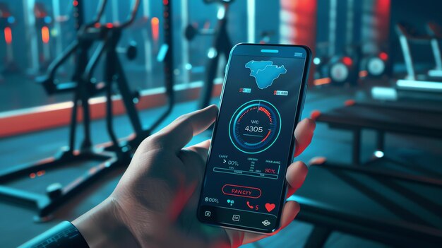 Una persona sosteniendo un teléfono inteligente con una aplicación de fitness abierta