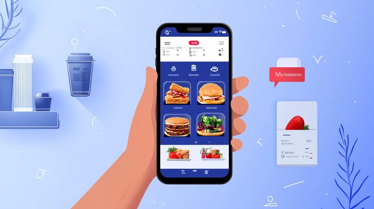 Foto una persona sosteniendo un teléfono con un menú en él que dice "comida rápida"