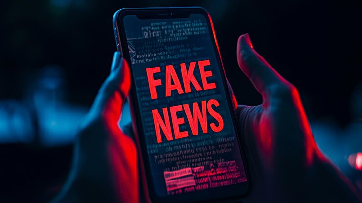 Foto una persona sosteniendo un teléfono con las palabras noticias falsas en él