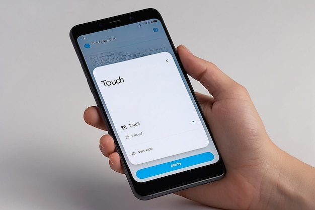 Una persona sosteniendo un teléfono que tiene una pantalla blanca que dice "toque" en la pantalla