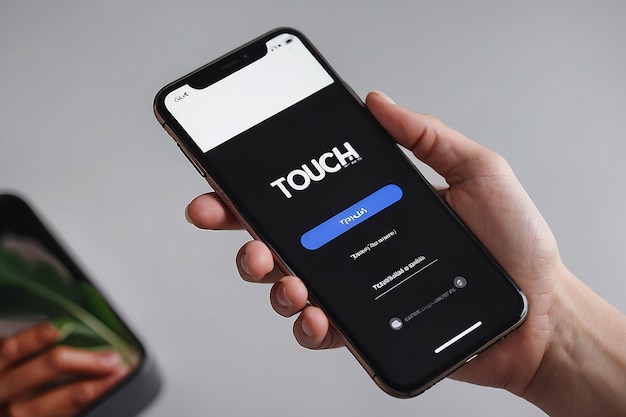 Una persona sosteniendo un teléfono que tiene una pantalla blanca que dice "toque" en la pantalla