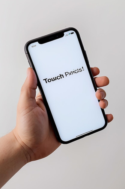 Una persona sosteniendo un teléfono que tiene una pantalla blanca que dice "toque" en la pantalla