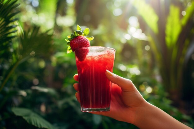 Foto una persona sosteniendo un vaso de jugo de fresa con una paja y una rebanada de lima