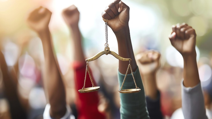 Foto una persona sostiene una balanza de justicia mientras otros levantan los puños en protesta