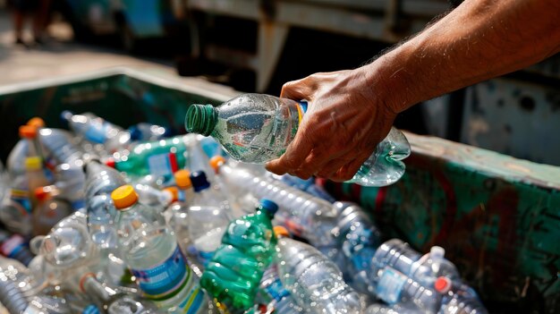 Una persona sostiene una botella de agua y la vierte en un cubo de basura