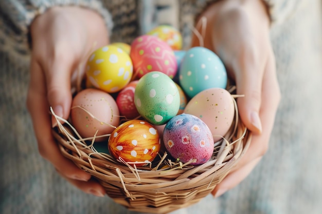 Una persona sostiene una canasta de huevos de Pascua