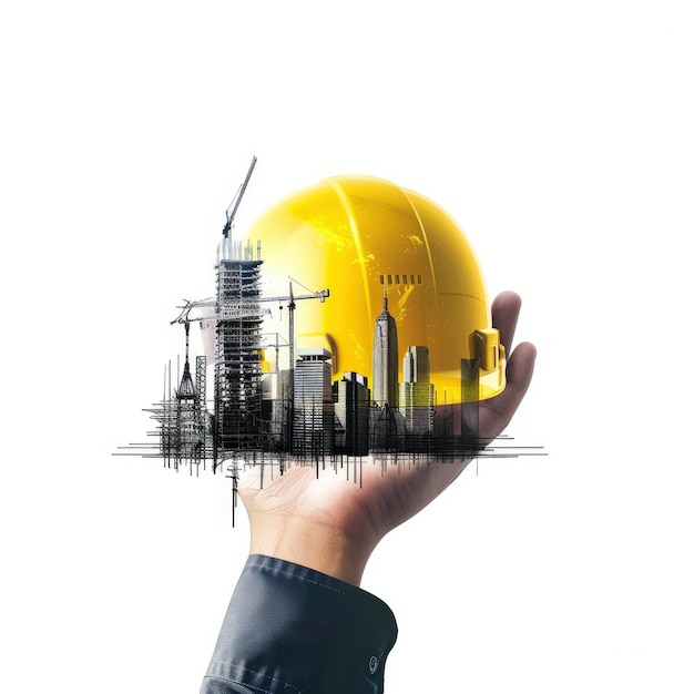 Foto una persona sostiene un casco amarillo el casco está rodeado de edificios y equipos de construcción concepto de seguridad y protección