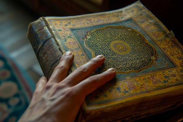 Una persona sostiene firmemente un libro en su mano mostrando su compromiso con el contenido escrito Una mano que se extiende para tocar las páginas de un Corán bellamente adornado Generado por IA