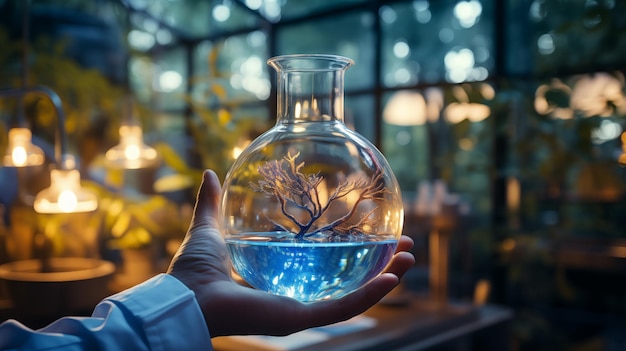 Una persona sostiene un frasco con una planta dentro del concepto científico y ecológico