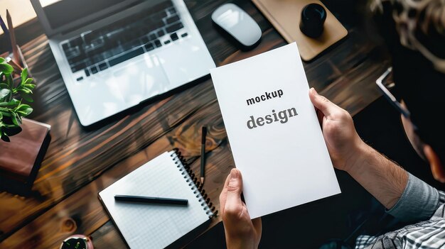 Foto una persona sostiene hipnoticamente un papel con la palabra mock up escrita en él mostrando sus habilidades de diseño mágico mockup para el diseño