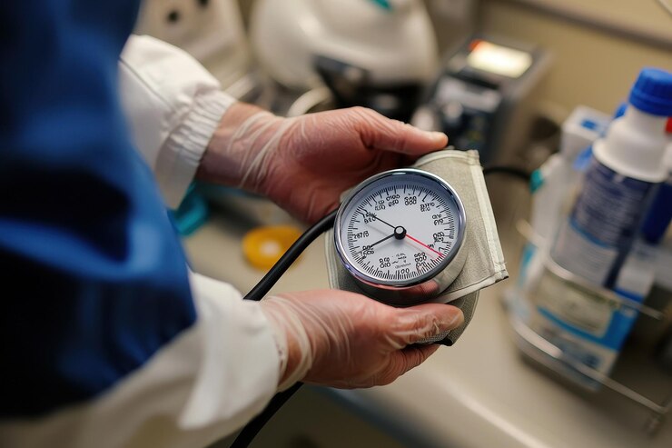 Una persona sostiene un manguito de presión arterial y un monitor digital de presión arterial