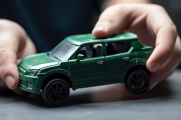 Una persona sostiene en la mano un modelo a escala del concepto de automóvil suv verde de comprar un automóvil de ensueño ai generativo