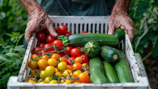 Una persona sostiene con orgullo una caja llena de verduras frescas y coloridas