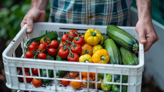 Una persona sostiene con orgullo una canasta llena de una colorida variedad de verduras recién recogidas