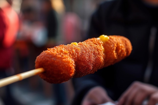 Una persona sostiene un palo con comida.