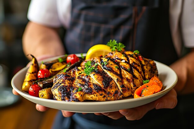 Una persona sostiene un plato de comida que incluye verduras de pollo