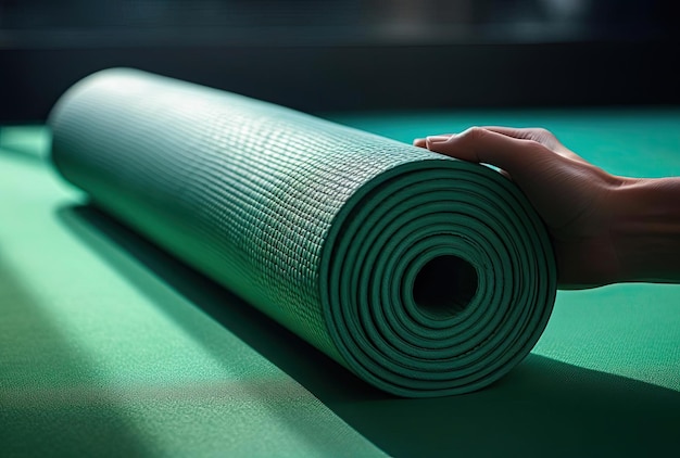 una persona sostiene un rollo de tapete frente a ellos como un yoga al estilo de verde y cian