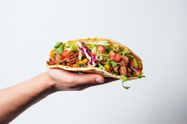 Una persona sostiene un taco con carne y verduras