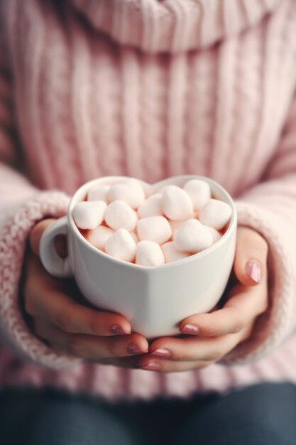 Foto una persona sostiene una taza de chocolate caliente con malvaviscos esta bebida acogedora es perfecta para calentarse en un día frío se puede usar para ilustrar la relajación de la comodidad o disfrutar de un regalo de invierno