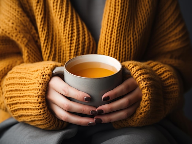 Una persona sostiene una taza con las manos generada por IA