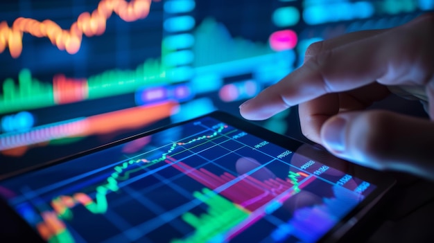 una persona sostiene un teléfono inteligente con datos del mercado de valores en la pantalla con un fondo borroso que muestra un monitor de computadora con gráficos financieros