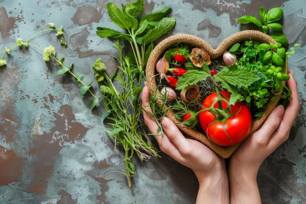 Una persona sostiene tiernamente una canasta en forma de corazón llena de varias verduras vibrantes y frescas que muestran un amor por la generosidad de la naturaleza