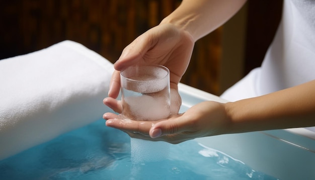 Una persona sostiene un vaso de agua en una bañera.