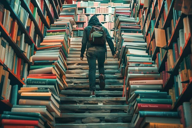 Una persona subiendo una escalera de libros aprendizaje continuo y crecimiento intelectual