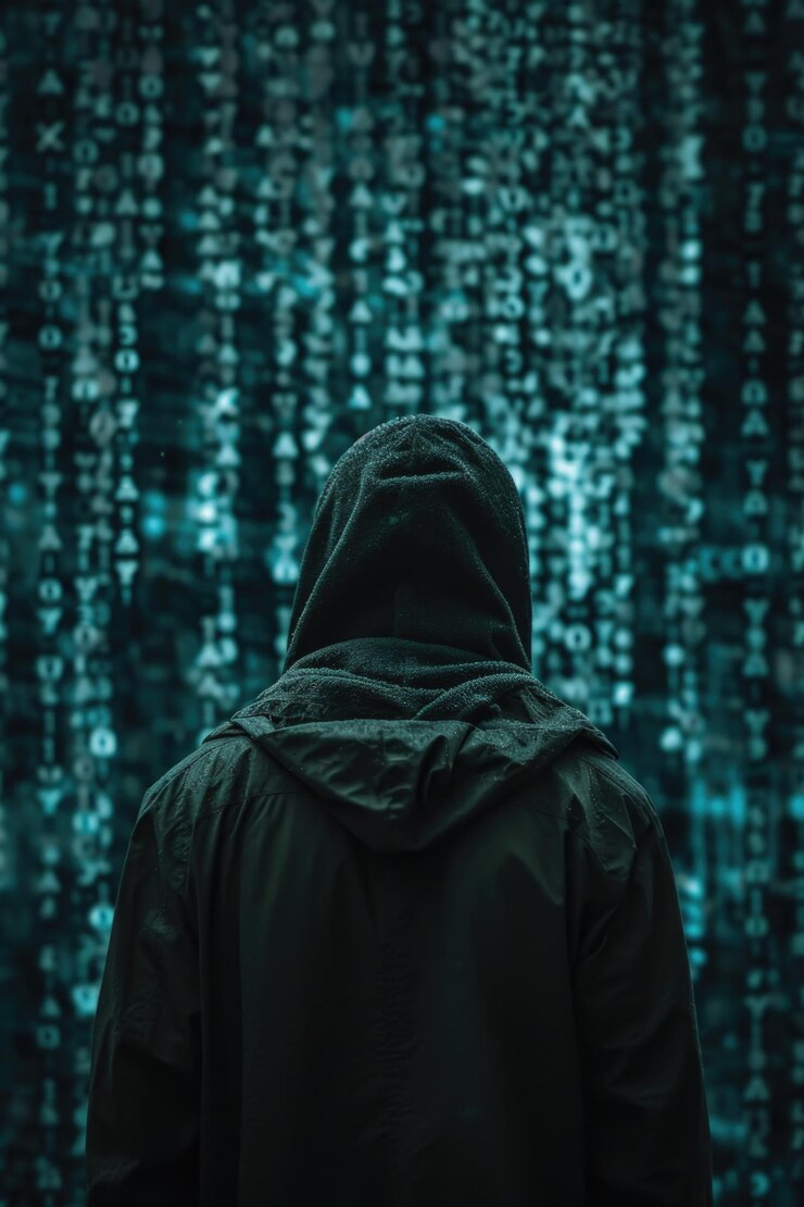 Foto una persona con una sudadera con capucha está de pie frente a una pared cubierta de números esta imagen se puede usar para representar conceptos como la seguridad de datos, la privacidad, la piratería o el misterio
