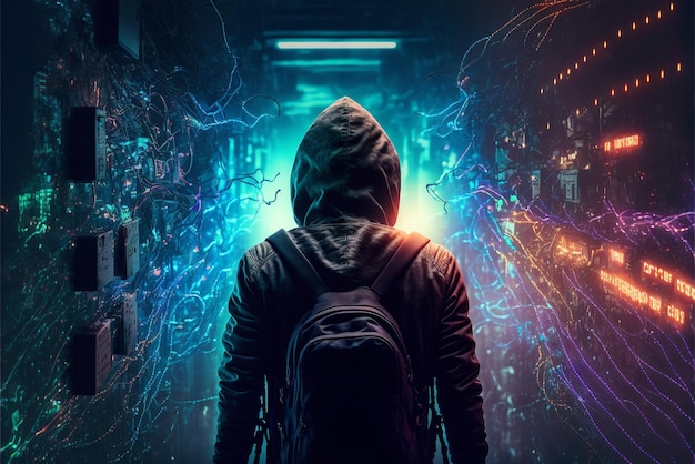 Una persona con una sudadera con capucha se para frente a un paisaje urbano oscuro con una luz de neón y las palabras "cyberpunk" en el frente.