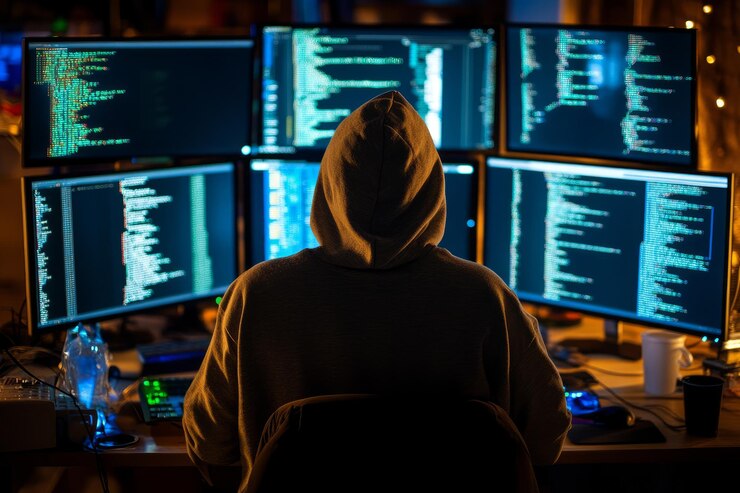 Foto persona con una sudadera con capucha sentada frente a múltiples monitores con código en ellos ar 32 v 61 job