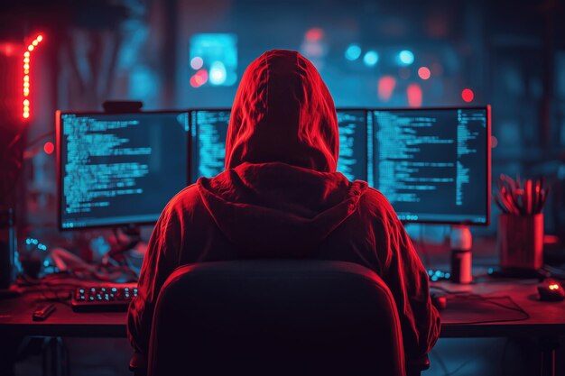 una persona con una sudadera roja se sienta frente a un monitor de computadora con las palabras código en él