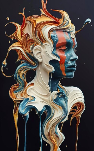 Una persona surrealista blanca, negra, azul, roja y dorada derritiendo pintura en acuarela