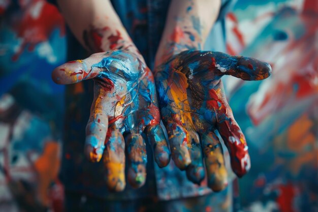 Foto una persona con sus manos pintadas en diferentes colores
