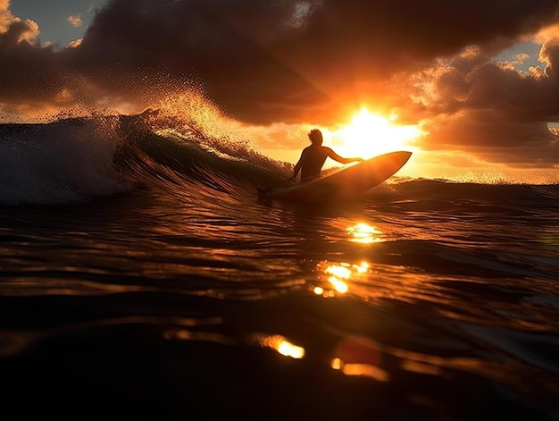 Una persona en una tabla de surf está montando una ola con el sol poniéndose detrás de ellos.