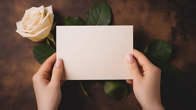 persona con una tarjeta en blanco en la mano vista de arriba