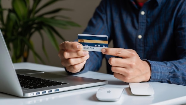 Persona con una tarjeta de crédito con una computadora portátil y un ratón de computadora en una mesa blanca