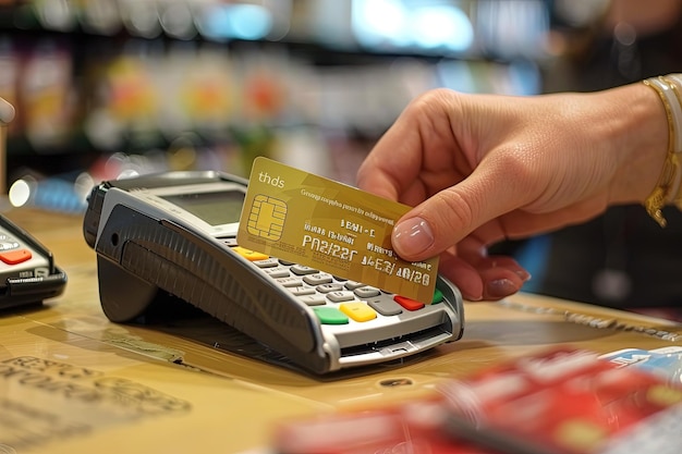Una persona con una tarjeta de crédito junto a una calculadora