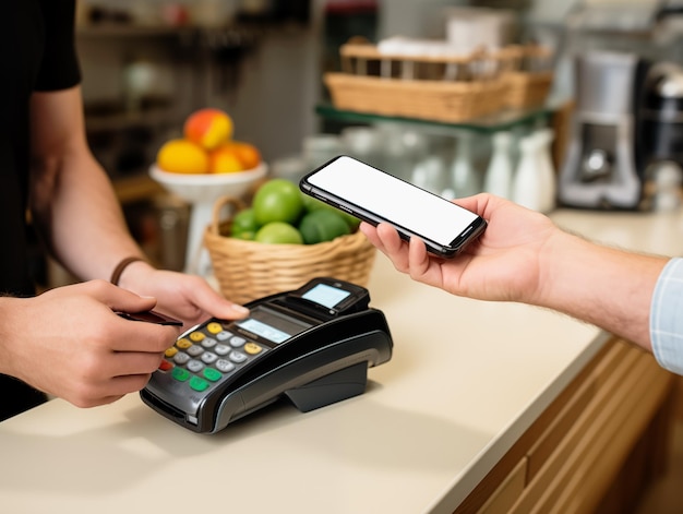 Foto una persona con un teléfono inteligente para hacer un pago sin contacto en una tienda de conveniencia