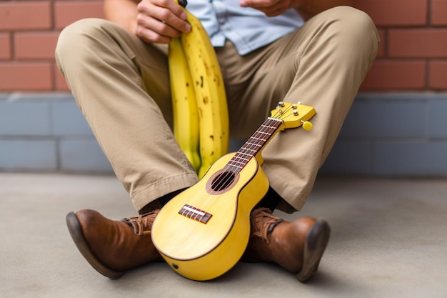 Una persona tocando el acordeón con una correa de plátano