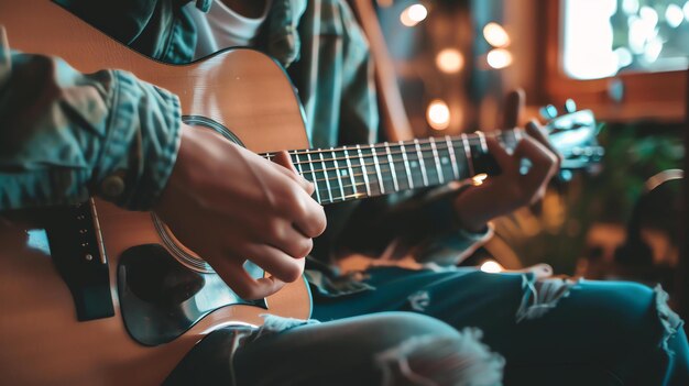 Foto una persona tocando una guitarra acústica el enfoque está en las manos y la guitarra el fondo es borroso y fuera de foco