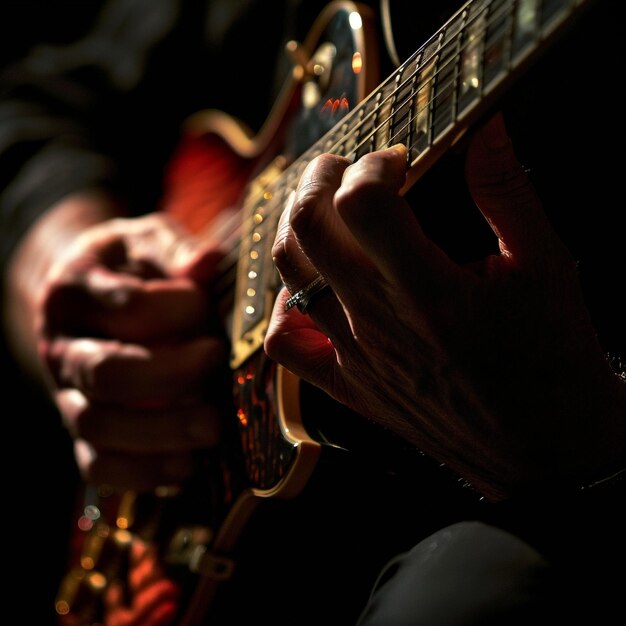 una persona tocando una guitarra con un fondo rojo y negro