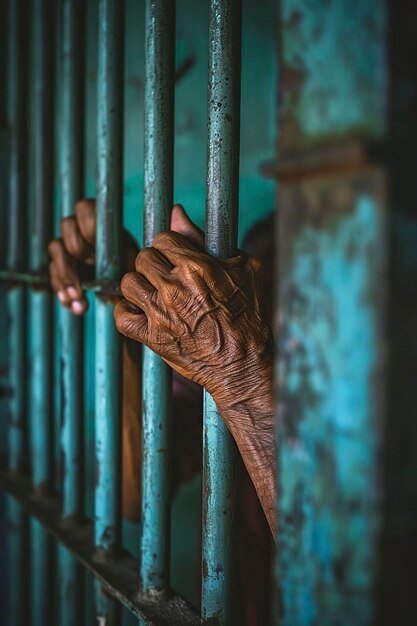 Persona tocando la mano en la celda de la cárcel