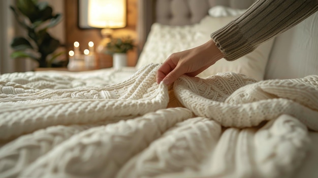 Persona tocando la manta en la cama