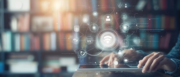 una persona tocando una pantalla virtual con diferentes iconos concepto de educación