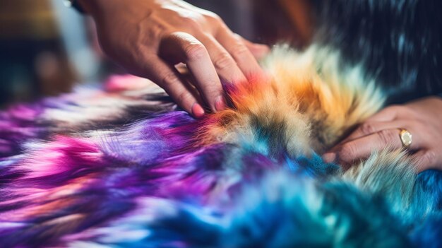 Foto una persona está tocando un perro multicolor con la palabra arco iris en él