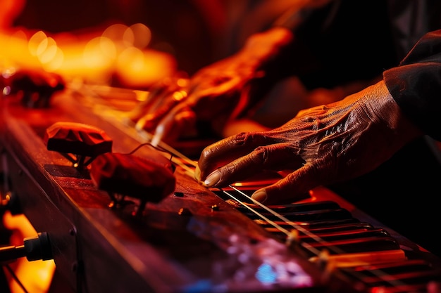 una persona tocando un piano con un fuego rojo en el fondo