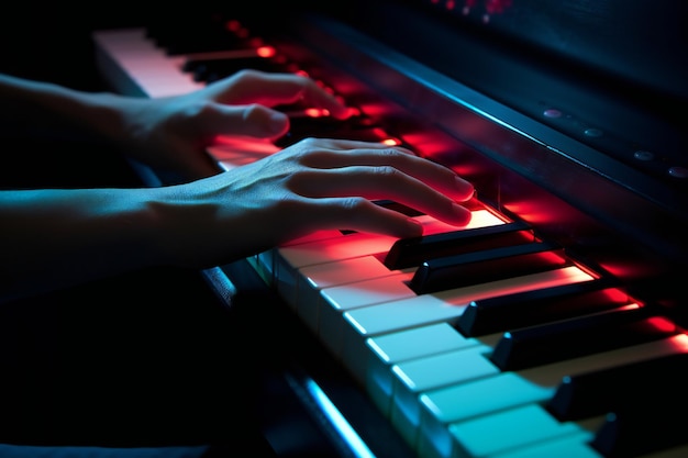 Una persona tocando un piano con una luz roja en las teclas.